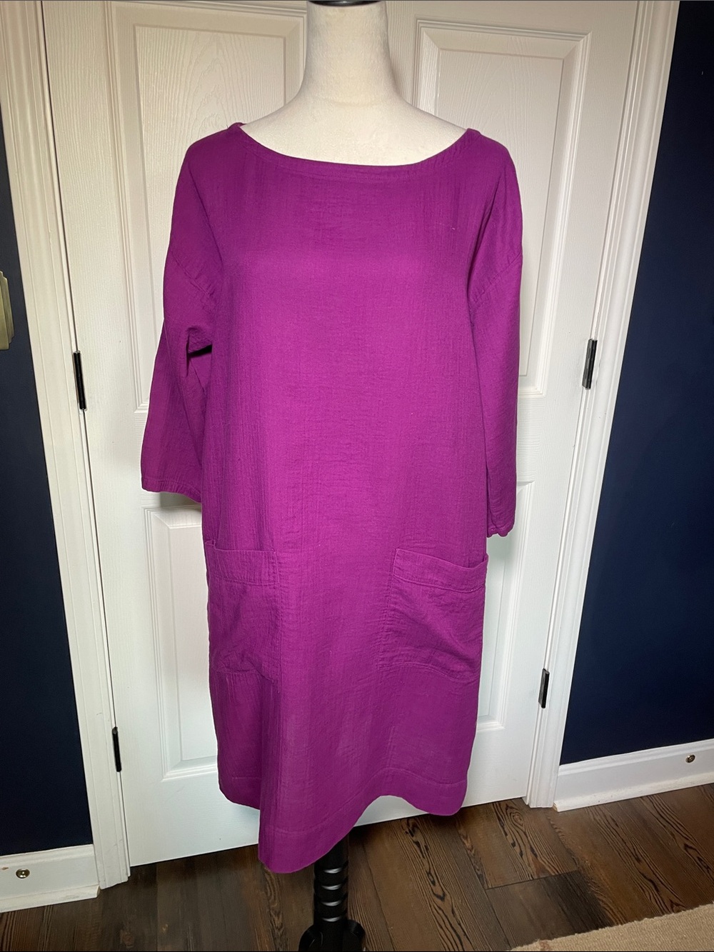 Eileen Fisher Organic Cotton Shift Tunic Dress Purple Magenta Pockets Size M